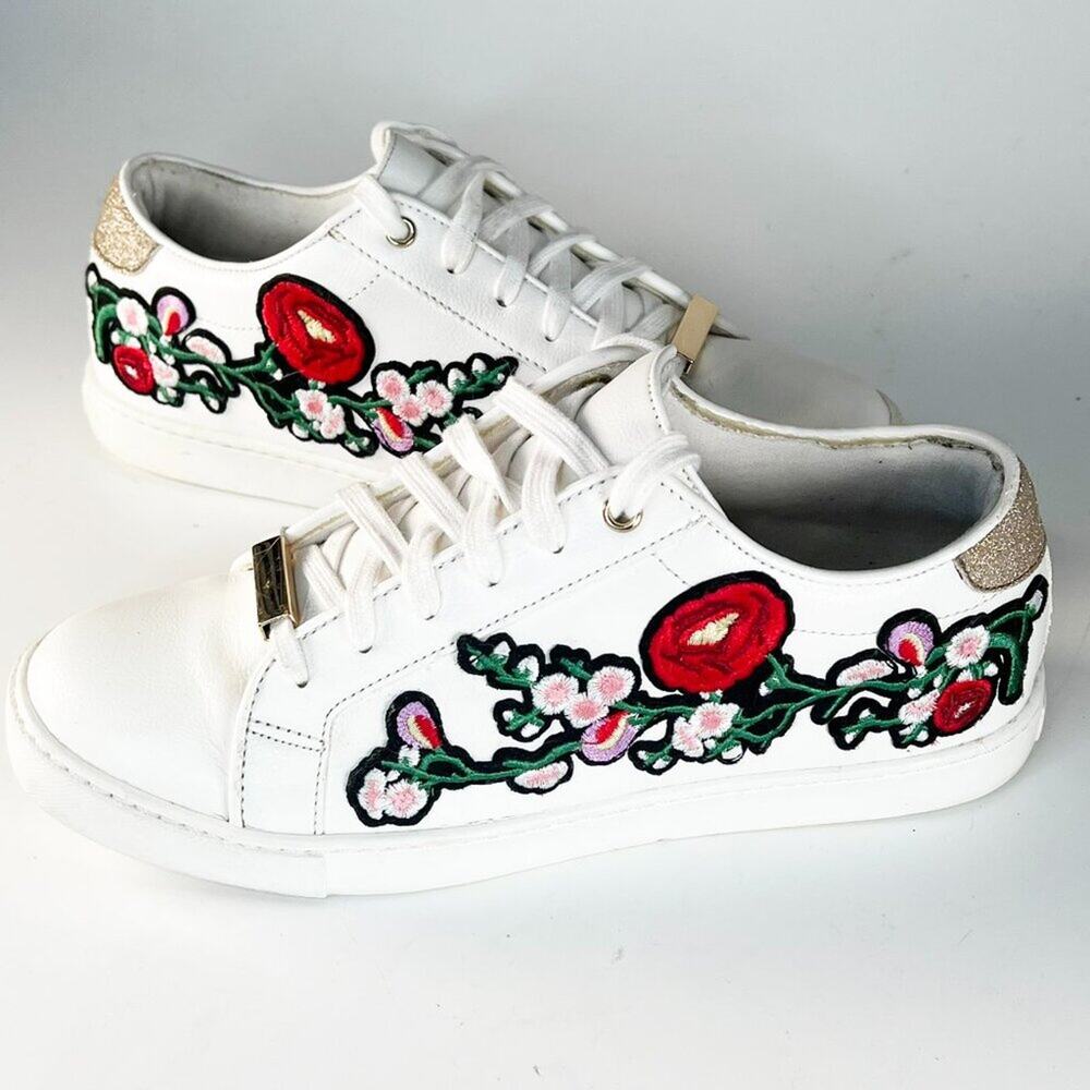 Aldo White Sneakers with Floral Embroidery and Gold Accents